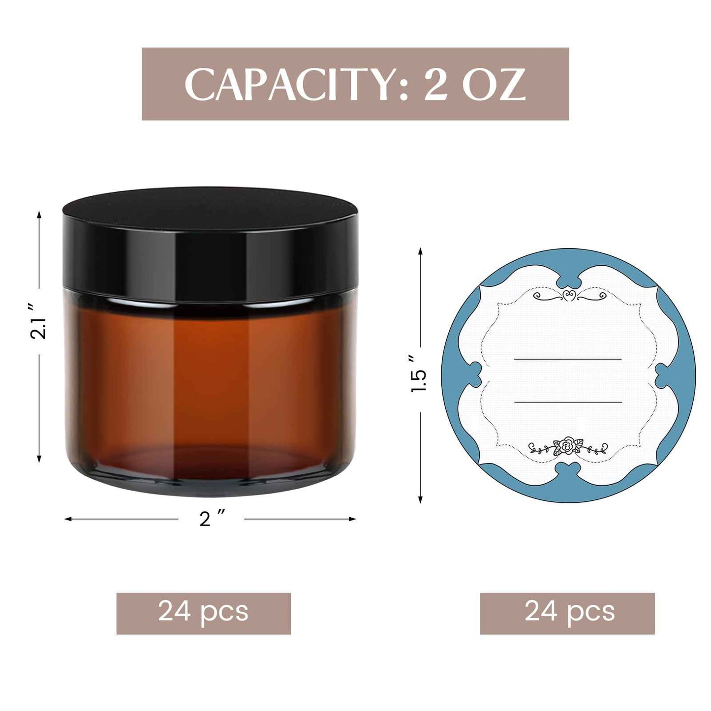 Qeirudu 2 Oz Small Amber Glass Jars with Black Lids, 24 Pack Airtight Cosmetic Jars with Inner Liners Round Empty Sample Containers for Lotions, Creams, Candles, Body Butters, Essential oil