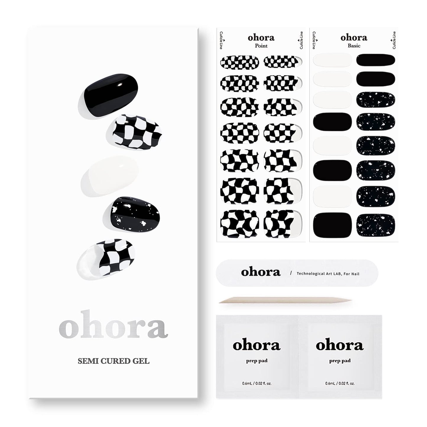 ohora Semi Cured Gel Nail Strips (N Checkers) - Dark, Patterned, Works with Any UV/LED Nail Lamps, Salon-Quality, Long Lasting, Easy to Apply & Remove - Includes 2 Prep Pads, Nail File & Wooden Stick