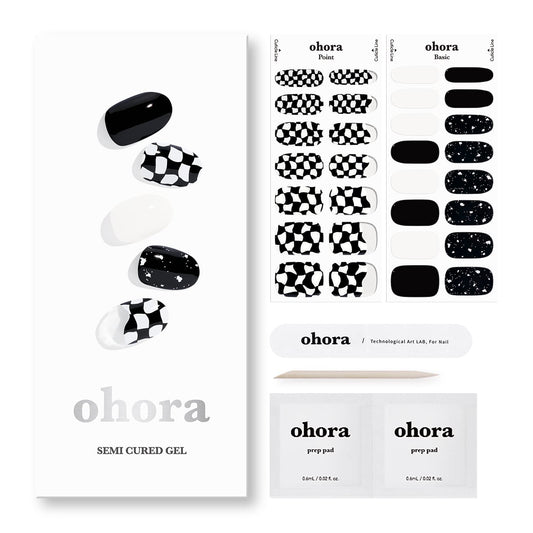 ohora Semi Cured Gel Nail Strips (N Checkers) - Dark, Patterned, Works with Any UV/LED Nail Lamps, Salon-Quality, Long Lasting, Easy to Apply & Remove - Includes 2 Prep Pads, Nail File & Wooden Stick