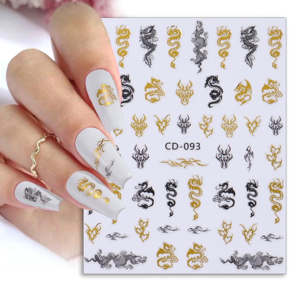 3D Gold Black Dragon Nail Stickers for Nail Art Chinese New Year Dragon Nail Art Stickers for Nail Designs Dragon Nail Decals Flying Dragons Nails Stickers Manicure Design Stickers for Nails Supply