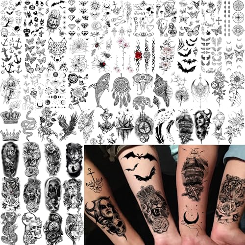 71 Sheets Rose Peony Flower Temporary Tattoos For Women Adults, Black Florals Half Arm Sleeve Realistic Temp Bulk Fake Tattoo Stickers Butterfly Ship Bee Carp Turtle Elephant Whale Spider Web Skull
