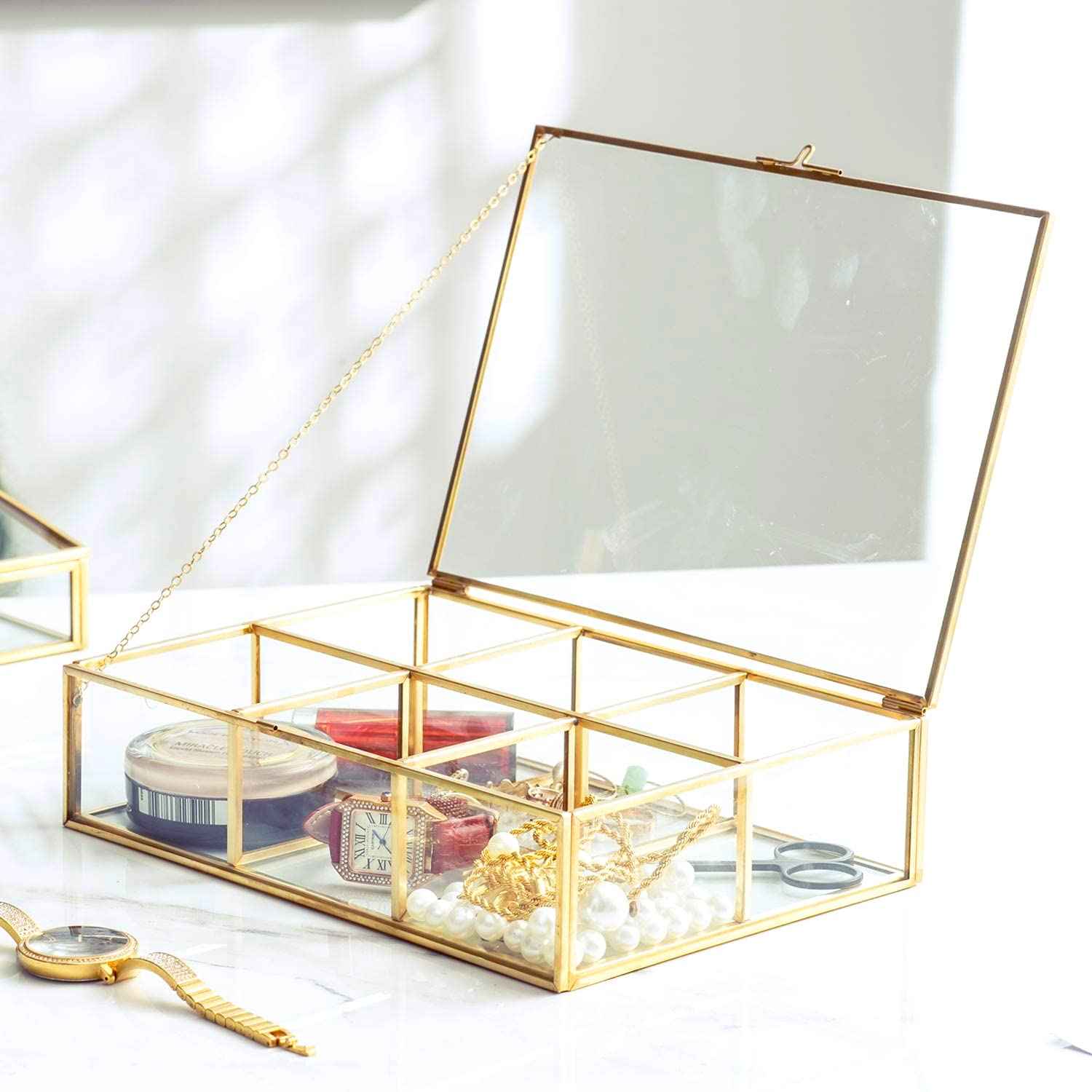 Levilan Golden Vintage Glass Box Clear Glass & Brass Metal Storage Jewelry and Cosmetic Makeup Lipstick Holder Organizer Beauty Display, 6 Compartment