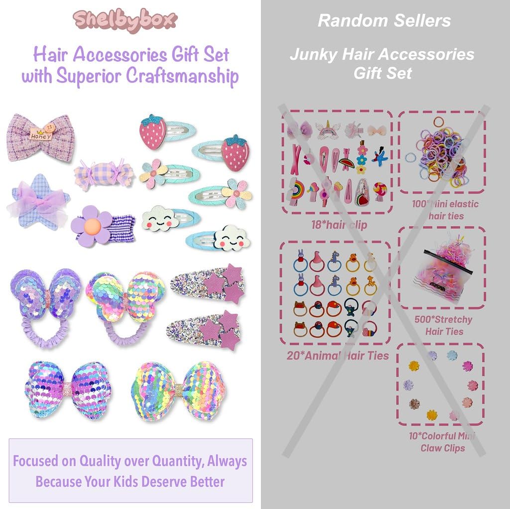 Hair Accessories Gift Set for Kids Purple Hair Clips Barrettes Ponytail Ties Bows Headbands with Mirror Unicorn Comb Gift Box for Daughter Teens Childs Little Girls