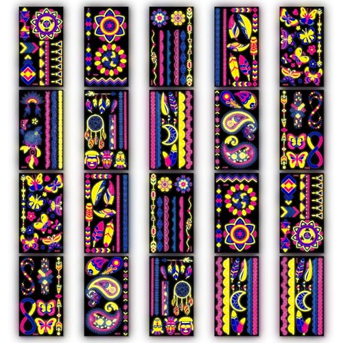 Glow in the Dark Neon Temporary Tattoos - 20 Sheets, 170+ Unique Designs for Party Rave Festival