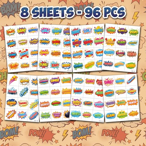 96 PCS Comic Temporary Tattoos for Kids | Pre-Cut Boom Wow Pow