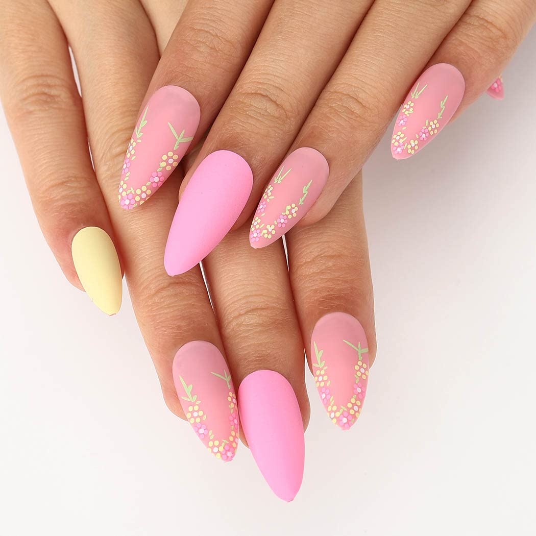 Outyua Tiny Flower Matte Almond Press on Nails Nude Medium Length False Nails with Designs Acrylic Nail Tips Artificial Fake Nail with Adhesive 24Pcs for Women and Girls (Tiny Flower)