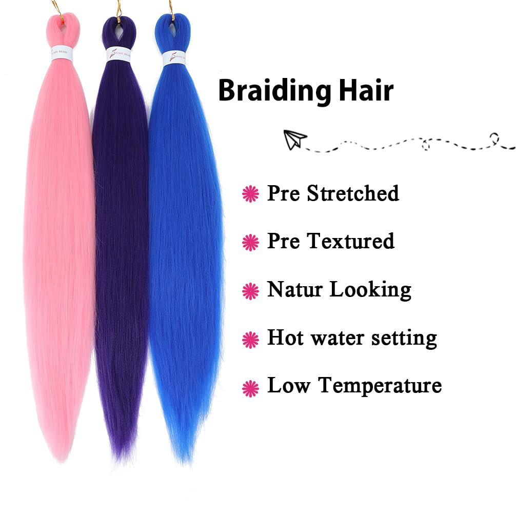 Colored Ombre Braiding Hair Pre Stretched 6 Packs - 26 Inch Braiding Hair Professional Synthetic Prestretched Crochet Braids Hair Extension Itch Free Hot Water Setting Yaki Texture(Blue/Purple/Pink#)