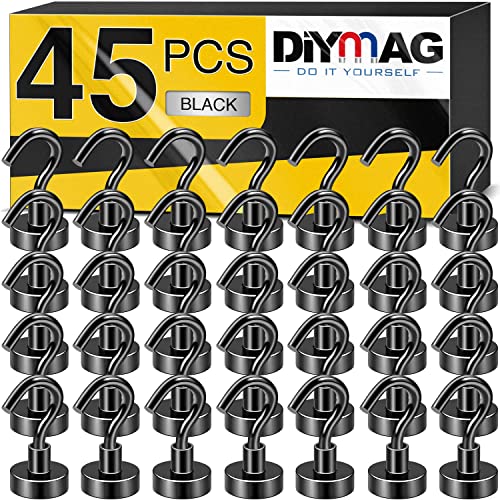 DIYMAG Magnetic Hooks for Refrigerator, Extra Strong Cruise Hook, Heavy Duty Earth Magnets with Hook for Hanging, Magnetic Hanger for Cabins, Grill (45P-Black)