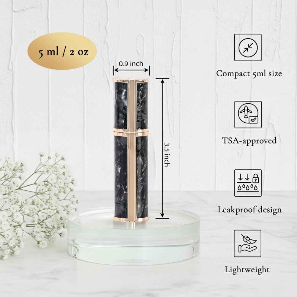 Ms Lovely Pearlescent Travel Perfume Atomizer Bottle – 5ml Refillable Mini Spray for Purse, TSA Approved Portable Fragrance Dispenser (Black with Gold)