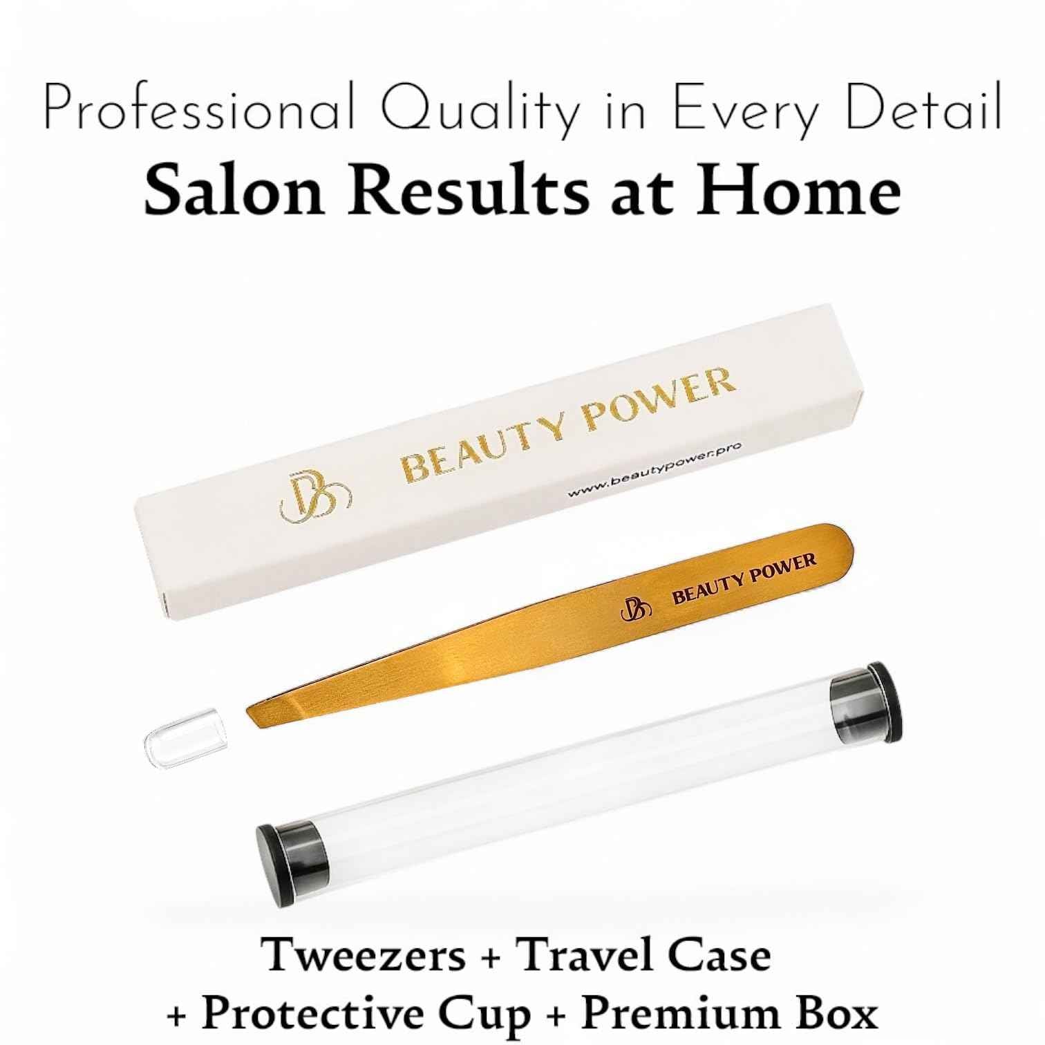 Beauty Power Professional Precision Slant Tweezers for Women Facial Hair - Tweezers for Men & Women, Eyebrow Tweezer for Ingrown Hair Blackhead & Splinter Removal - Gold