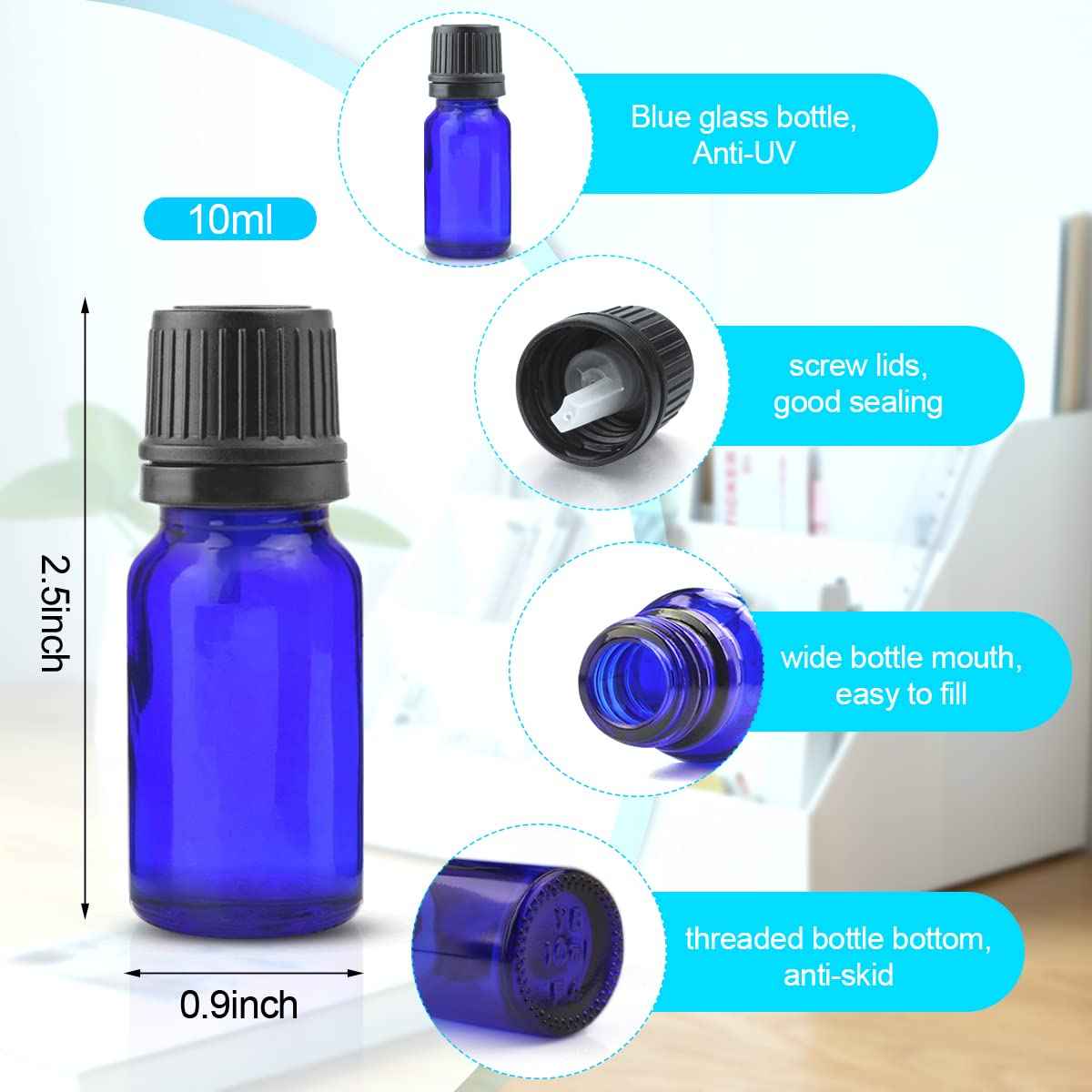 BOSMIOW 10 ml(1/3 oz) Sample Glass Bottles For Essential Oils 20 Pcs Empty Glass Dropper Vials With Orifice Reducers For DIY Perfume Aromatherapy Fragrance Cosmetic Oils (blue)