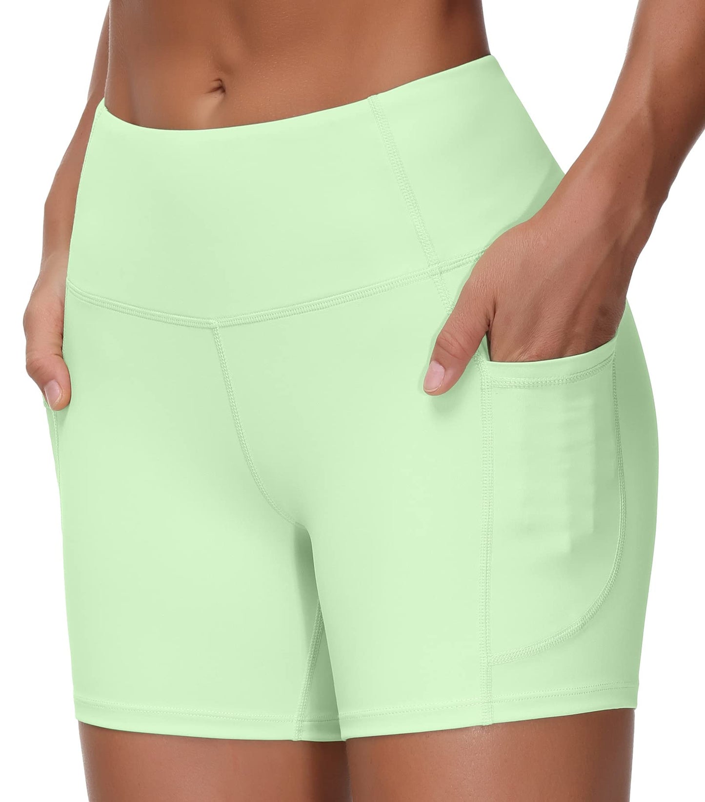 THE GYM PEOPLE High Waist Yoga Shorts for Women's Tummy Control Fitness Athletic Workout Running Shorts with Deep Pockets(Small, Pale Green)