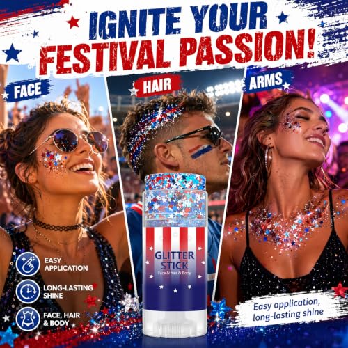 Patriotic Red White and Blue Glitter Stick for Face & Body