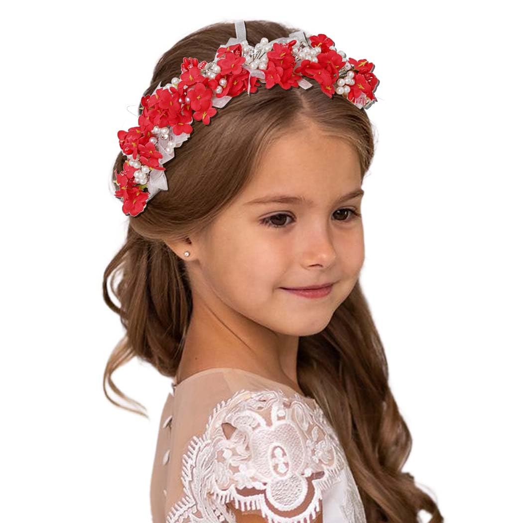 Campsis Flower Princess Headbands Pearl Communion Hair Accessories Crystal Birthday Photography Hair Band for Women and Girls (Red)