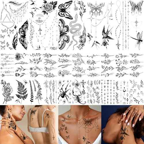 200+PCS Temporary Tattoos for Women, Waterproof Black Realistic Rose Hummingbird Necklace Tattoos Sketch Fake Tattoo for Women Body Art Arm Neck Hands Chest Neck Collarbone Spine Back