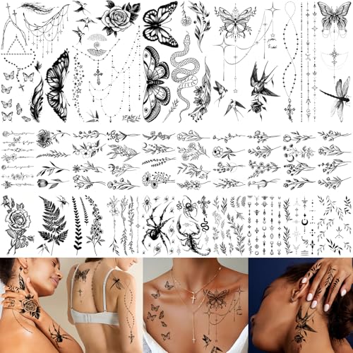 Temporary Tattoos for Women - 25 Waterproof Designs Rose Hummingbird