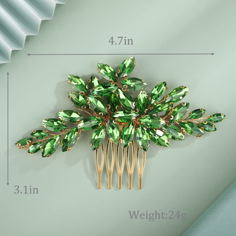 Kercisbeauty Wedding Bridal Emerald Crystal Gold Hair Comb Side Headpiece for Women Girls Prom Boho Updo Handmade Hair Accessories (Green)