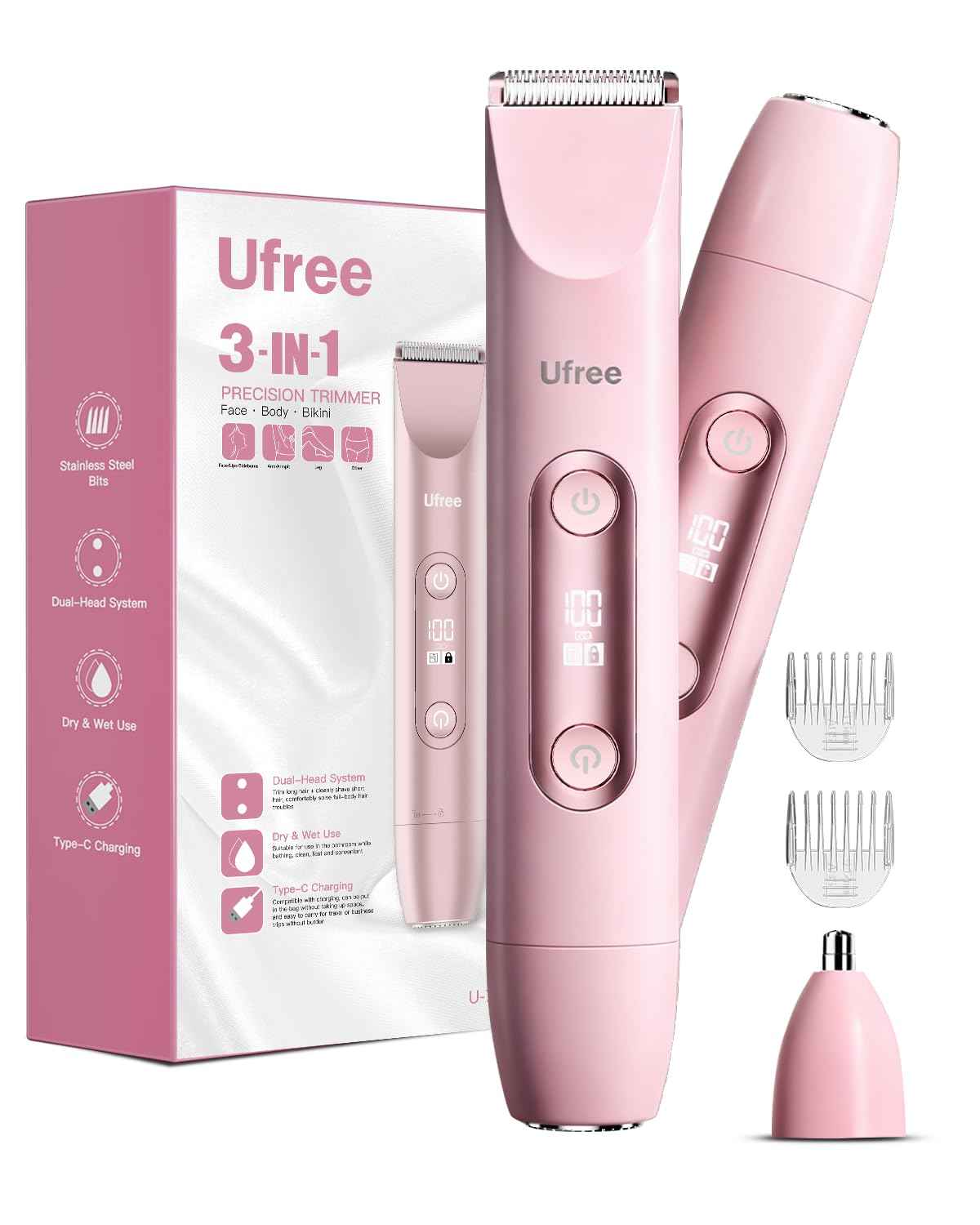 Ufree Bikini Trimmer Electric Razors for Women Dual Head, Pubic Body Hair Trimmer Electric Shaver for Face, Legs, Arm, Rechargeable Lady Shaver Waterproof, Summer Grooming Kit, Gifts for Her