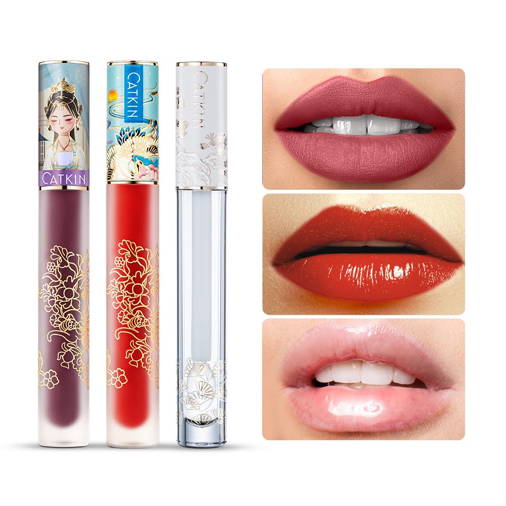 Catkin Semi Matte Liquid Lipstick Lip Gloss for Women Tinted High Pigmented, Waterproof Long Lasting Moisturizing Smooth Velvet Effect 3psc 03