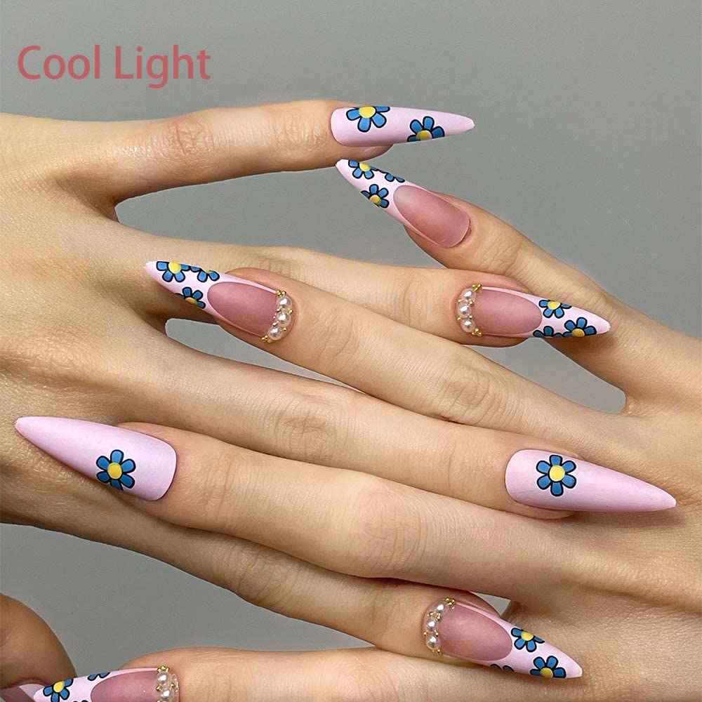 Redykat 24PCS Pink Stiletto Matte French Style Press On Nails, Pearl Decorated Salon Quality Nail Art, Extra Long Acrylic False Nails, Fake Nails, Home Quick Manicure (full cover daisy)