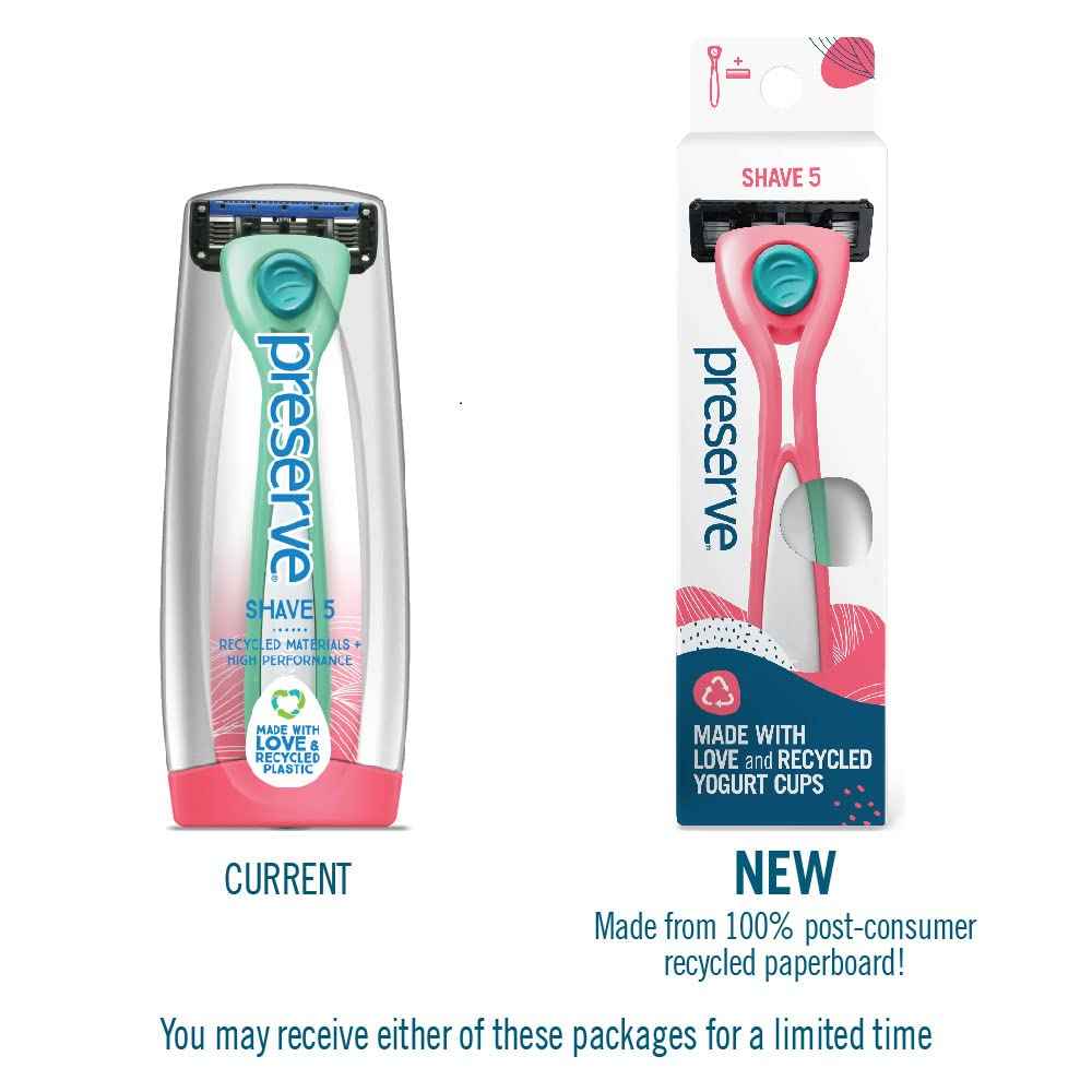 Preserve Shave 5 Five Blade Refillable Razor, Made from Recycled Materials, Sunshine Yellow and Preserve Five Blade Replacement Cartridges for Preserve Shave Five Recycled Razor (4 Count) Bundle