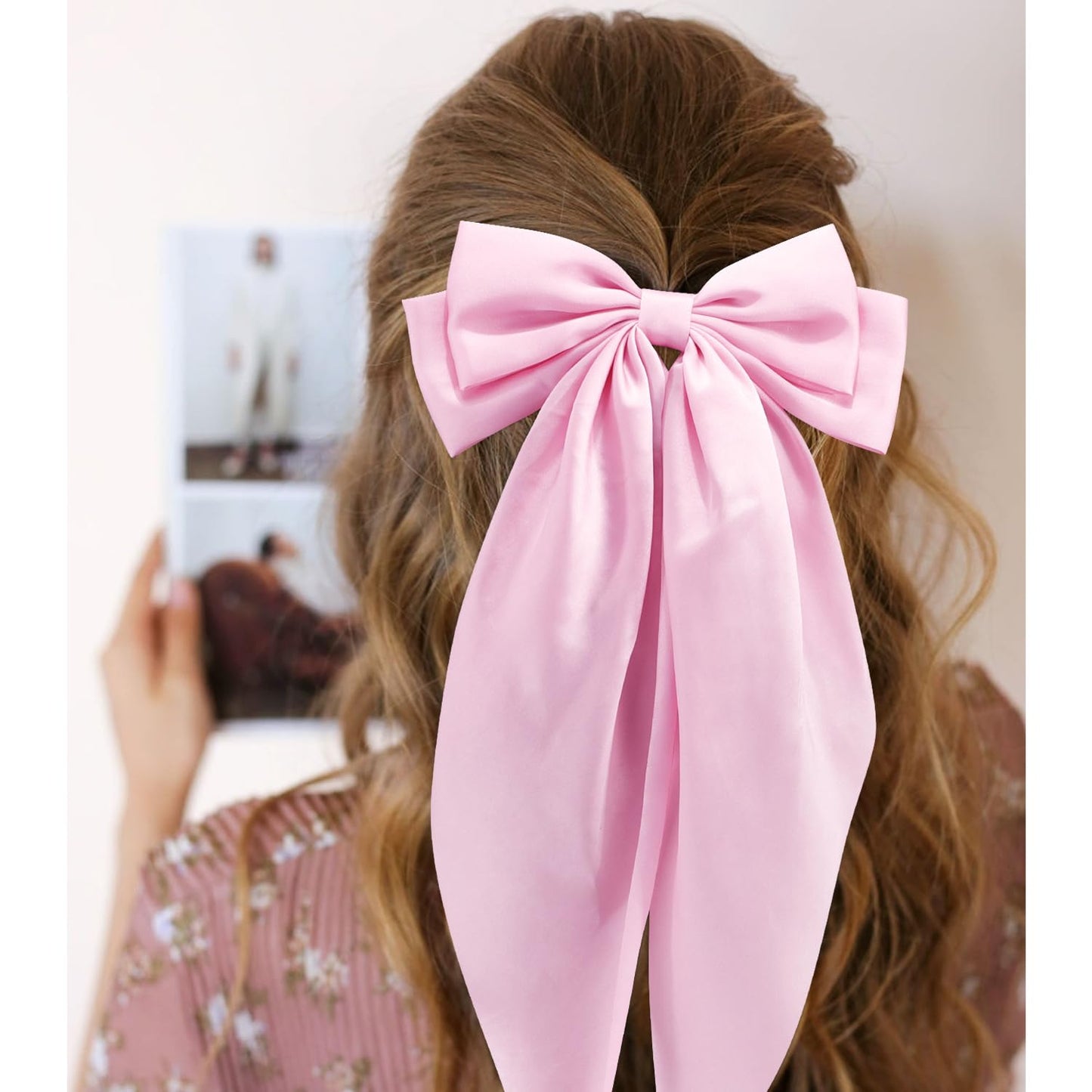 CHANACO Pink Bow Hair Accessories - Silky Satin Oversized Long Tail Bows for Women, Girls, and Teens - Trendy Coquette Gift Set