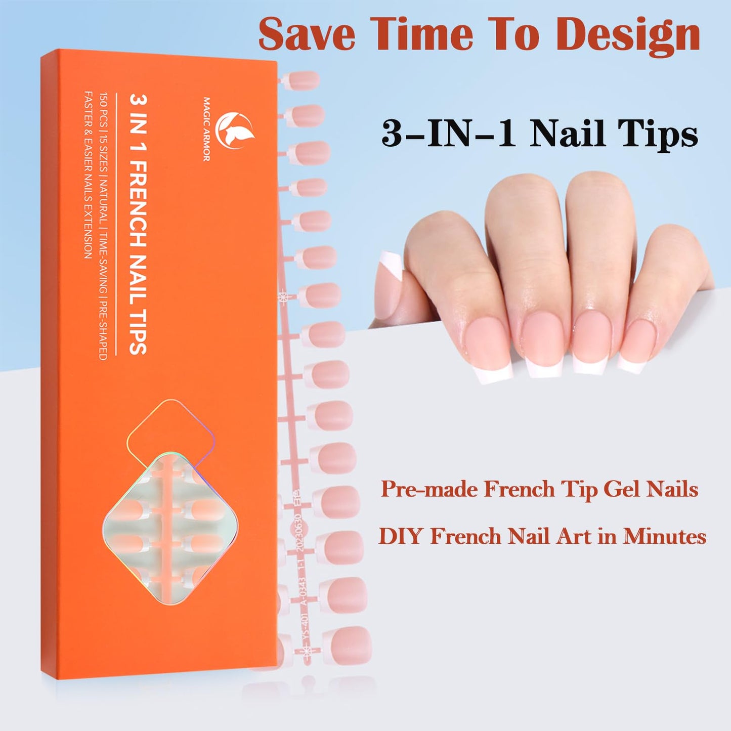 MAGIC ARMOR French Gel Nail Tips - 150pcs Pink French Tip Press on Nails Long Square Pre-applied Tip Primer & Base Coat, No Need to File Gel 3-IN-1 False Nail Tips for Nail Art DIY 15 Sizes