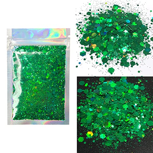 Green Body Glitter - 15g Chunky Holographic Face Glitter, Hair Glitter, Eye Glitter and Body Glitter for Women. Rave Glitter, Festival Accessories, Cosmetic Glitter Makeup. Loose Glitter Set