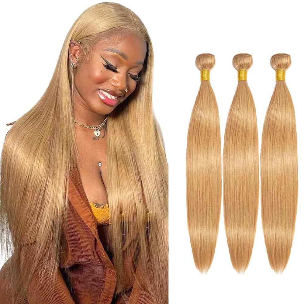 #27 Blonde Bundles Human Hair Straight Bundles 14 16 18 Inch Honey Blonde Straight Bundle Human Hair Extensions Unproceesed Virgin Hair 50 Gram Per Bundle 3 Bundle for Black Women