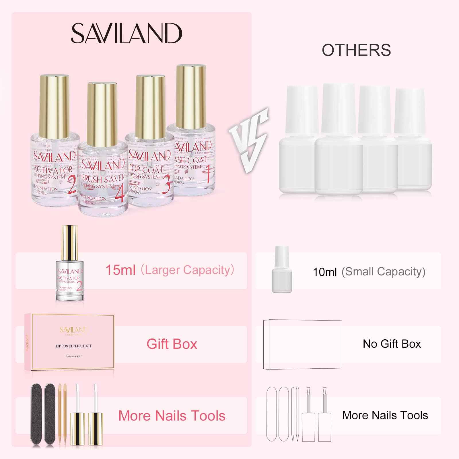 Saviland 15ml Dip Powder Liquid Set -60g /2.1oz nude dip powder- Base/Top Coat, Activator, Brush Saver, Nail File Necessary Tools for Dip Powder Nail Set No Nail Lamp Needed, Beautiful Gift for Ladies
