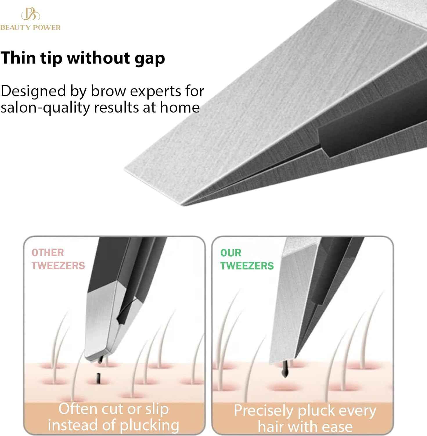 Beauty Power Professional Tweezers in Case - Slant, Durable Lightweight German Stainless Steel, Ultra Precision Tweezers for Eyebrows, Facial Hair, Chin, and Ingrown Hair Removal - Gift (Pink)