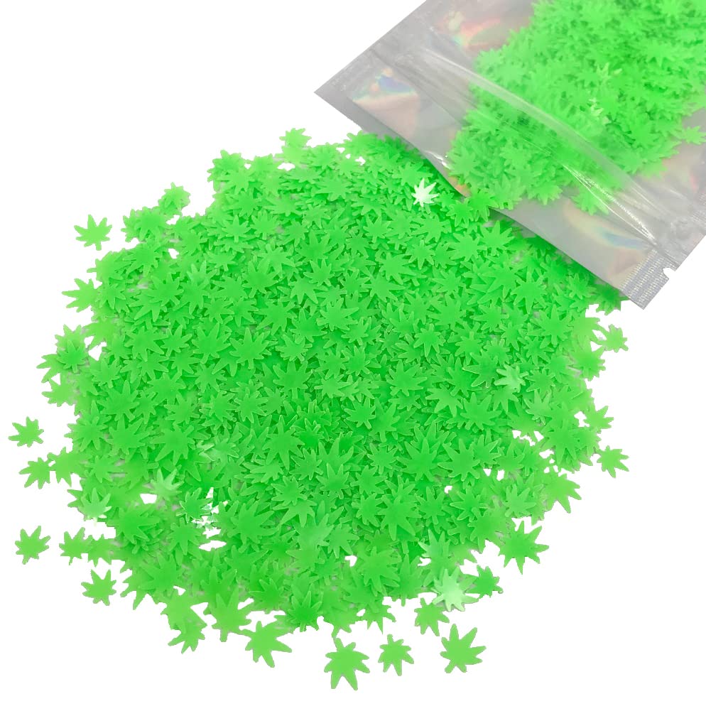 Glow in The Dark Leaf Glitter - Solvent Resistant & Cosmetic Grade - Festival Rave Makeup Face Body Nails Resin Arts & Crafts, Tumblers, Bath Bombs, Resin - Weed Pot Marijuana Leaf