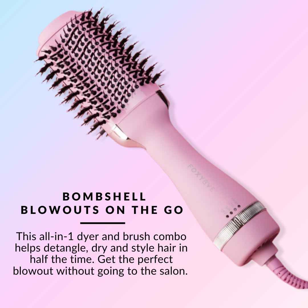 FoxyBae All-in-One Hair Styler - Ceramic Oval Barrel Blow Dryer Brush (75mm) for Drying, Curling, Volumizing & Straightening Hair [Party Pink]
