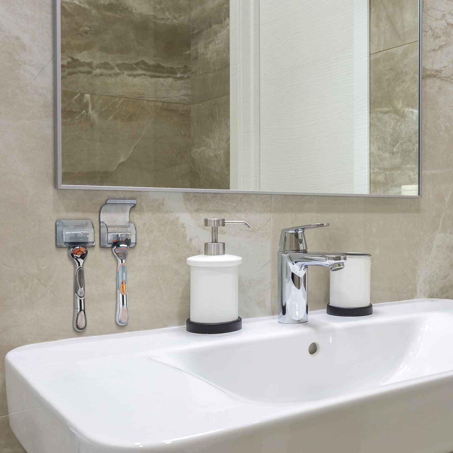 LUEXBOX 2 Pcs Plastic Razor Holders with Cover for Shower Wall, Self Adhesive Waterproof Razor Rack for Bathroom, Compatible with Fusion 5 Proglide, Mach 3 Classic(Grey)