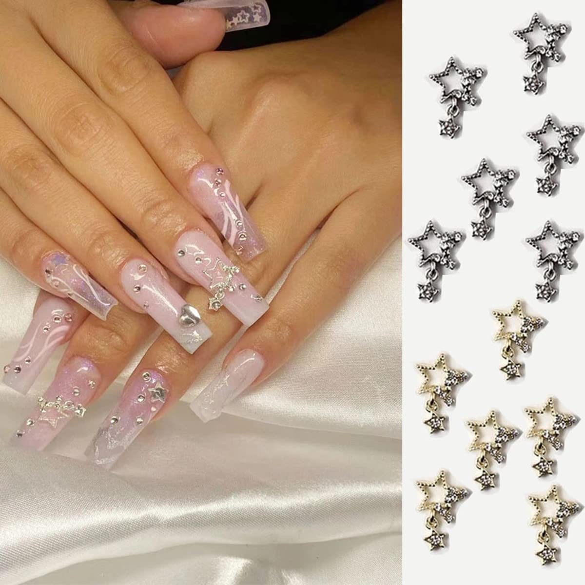 16 Pcs Shiny Star Nail Charms Rhinestones 3D Alloy Star Charms for Nails Gold Silver Nail Jewelry Acrylic Nails Design Star Shape Nail Gems Crystal Nail Art Rhinestones Accessories DIY Craft Supplies