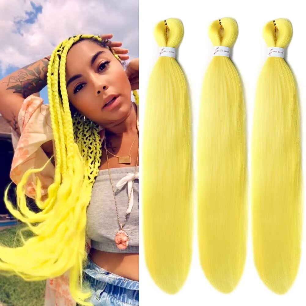 CANELIA Pre stretched Braiding Hair 26 Inch Yellow Braiding Hair Extensions Yaki Braids Hair Hot Water Setting Synthetic Hair Colored Braiding Hair Pre stretched Crochet Hair(26 Inch,3 Packs,Yellow#)