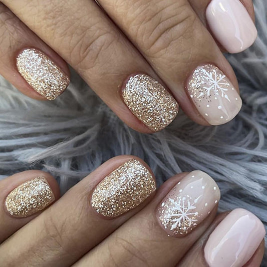 Christmas Press on Nails Short Square Gold Glitter Pink Fake Nails With Snowflake Designs Sparkling Full Cover Stick on Nails Xmas Winter Artificial Acrylic Nails Glue on Nails for Women 24Pcs