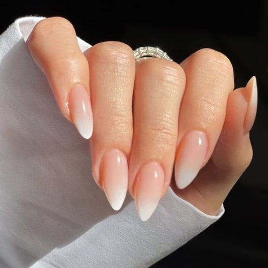 YOSOMK Gradient Nude Press on Nails Medium Almond Fake Nails Glossy Stick on Acrylic Nails Natural Ombre Glue on False Nails for Women