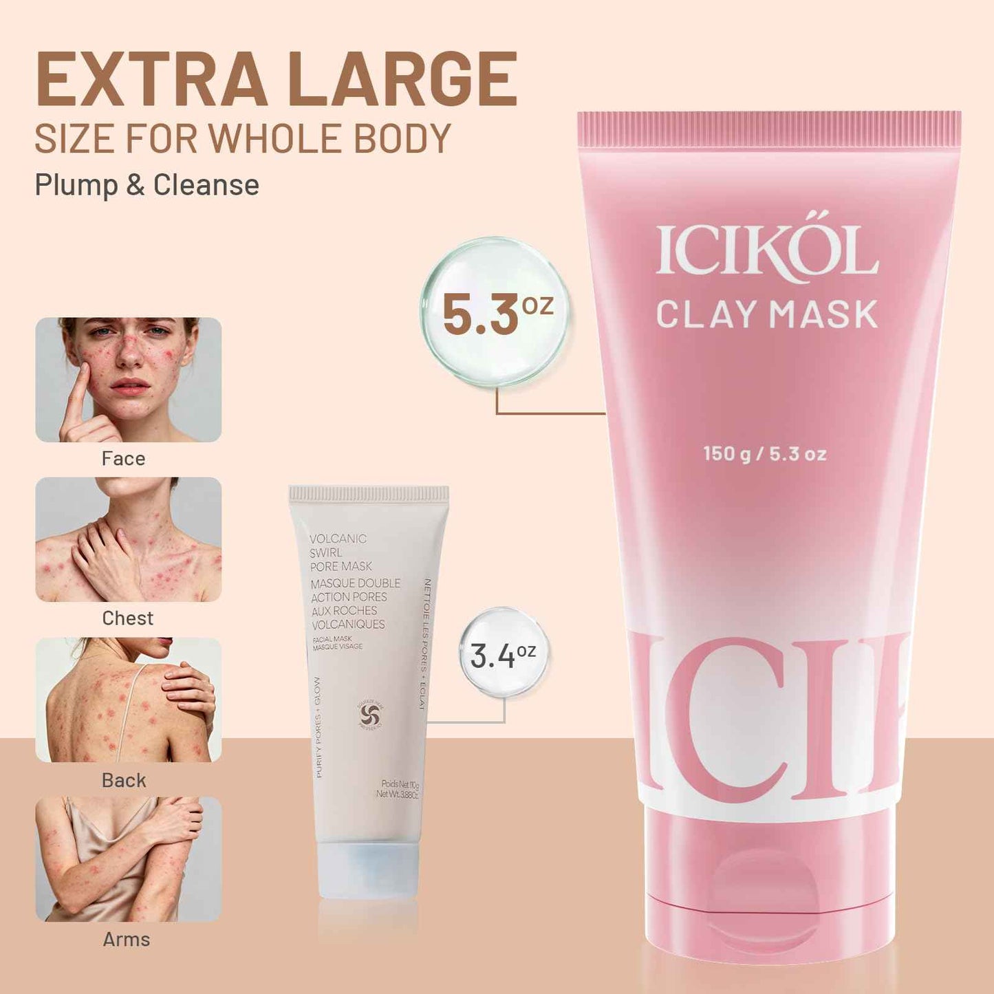 ICIKOL Large Clay Mask for Face, 15 Minutes Visible Pore Minimizing, Sebum Controling and Age-Defying Mud Masks, Brush Included, Red, 5.3 oz