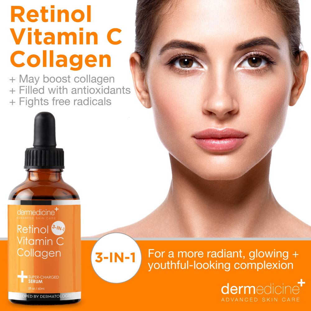 Retinol Vitamin C Collagen | Super Charged Anti-Aging Serum for Face | Pharmaceutical Grade Quality | Helps Smooth & Plump Fine Lines & Wrinkles & Brightens for Younger Skin | 2 fl oz / 60 ml