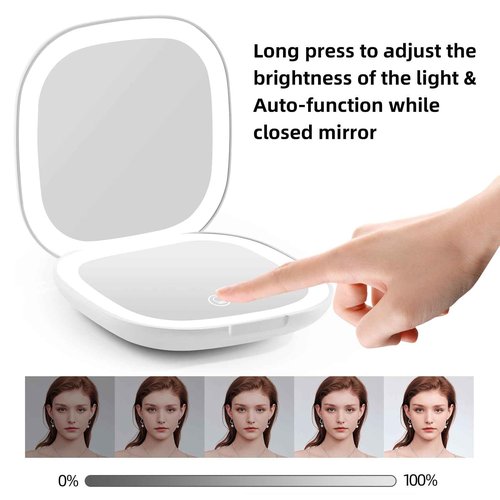 Compact Magnifying Travel Makeup Mirror with LED Light - 3.5 inches 1X/10X Magnification Small Hand Pocket Dimmable Double Sided USB Rechargeable Touch Screen, Portable Tabletop Cosmetic (White)