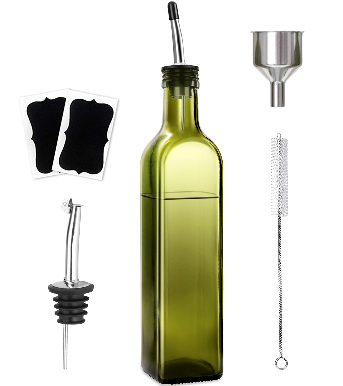 Leaflai Olive Oil Dispenser Bottle, 1 Pcs Green Glass Olive Oil Dispenser and Vinegar Dispenser Set with 2 Stainless Steel Pourers, 2Labels,1 Brush and 1 Funnel Oil Bottles for Kitchen (500ml)