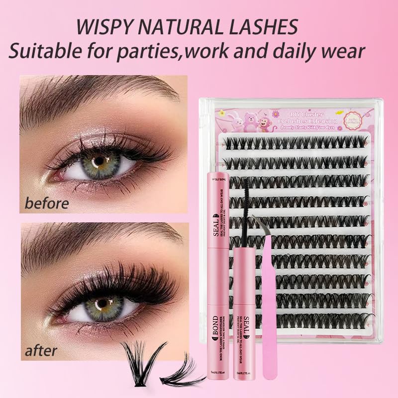 Wispy Lash Clusters Kit with Glue & Tweezers - Self Adhesive