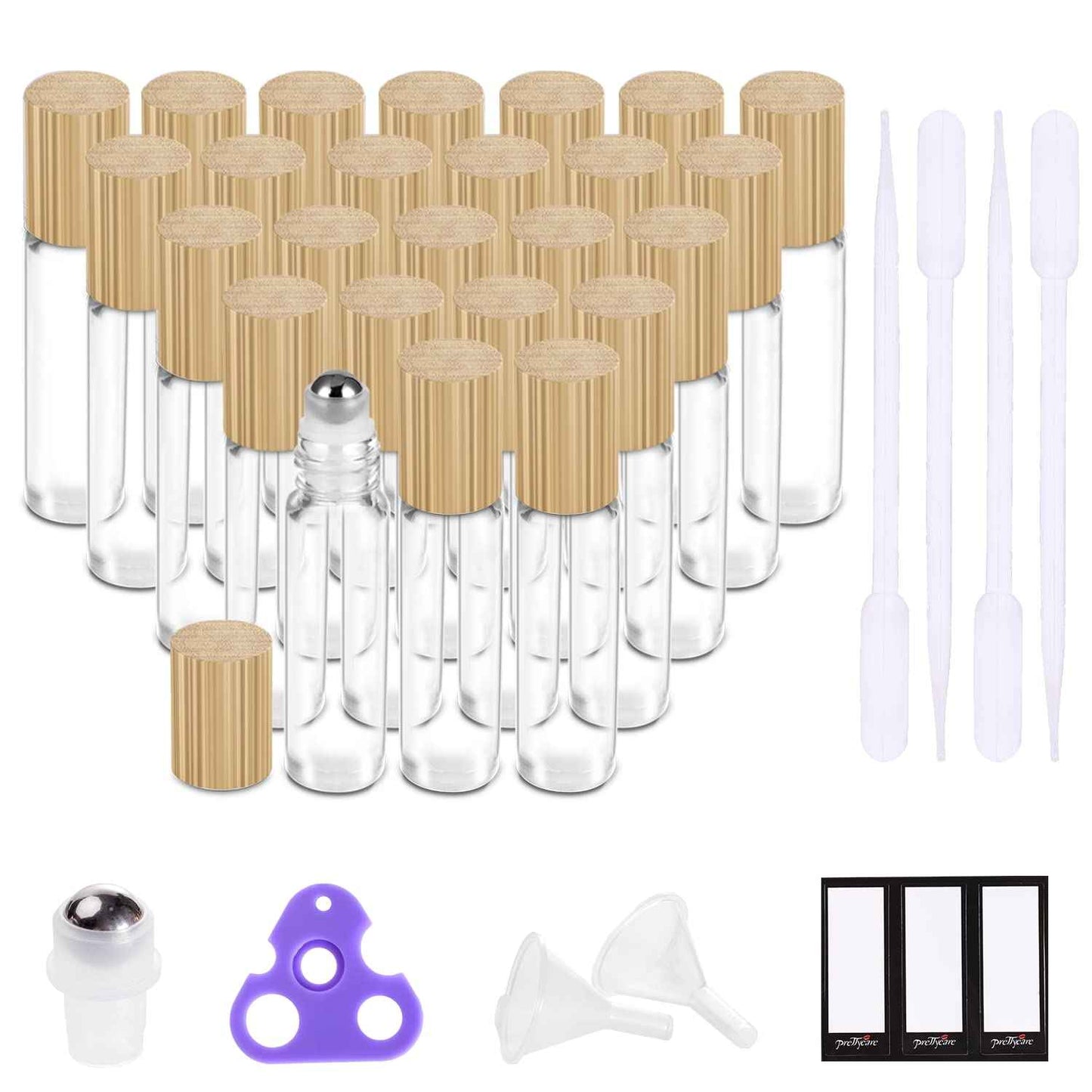 PrettyCare Essential Oil Roller Bottles 10ml (24 Pack Clear Glass Bottle with Bamboo Lid, 4 Extra Roller Balls，48 Labels, 2 Openers, 2 Funnels, 4 Droppers, Roller Balls For Essential Oils