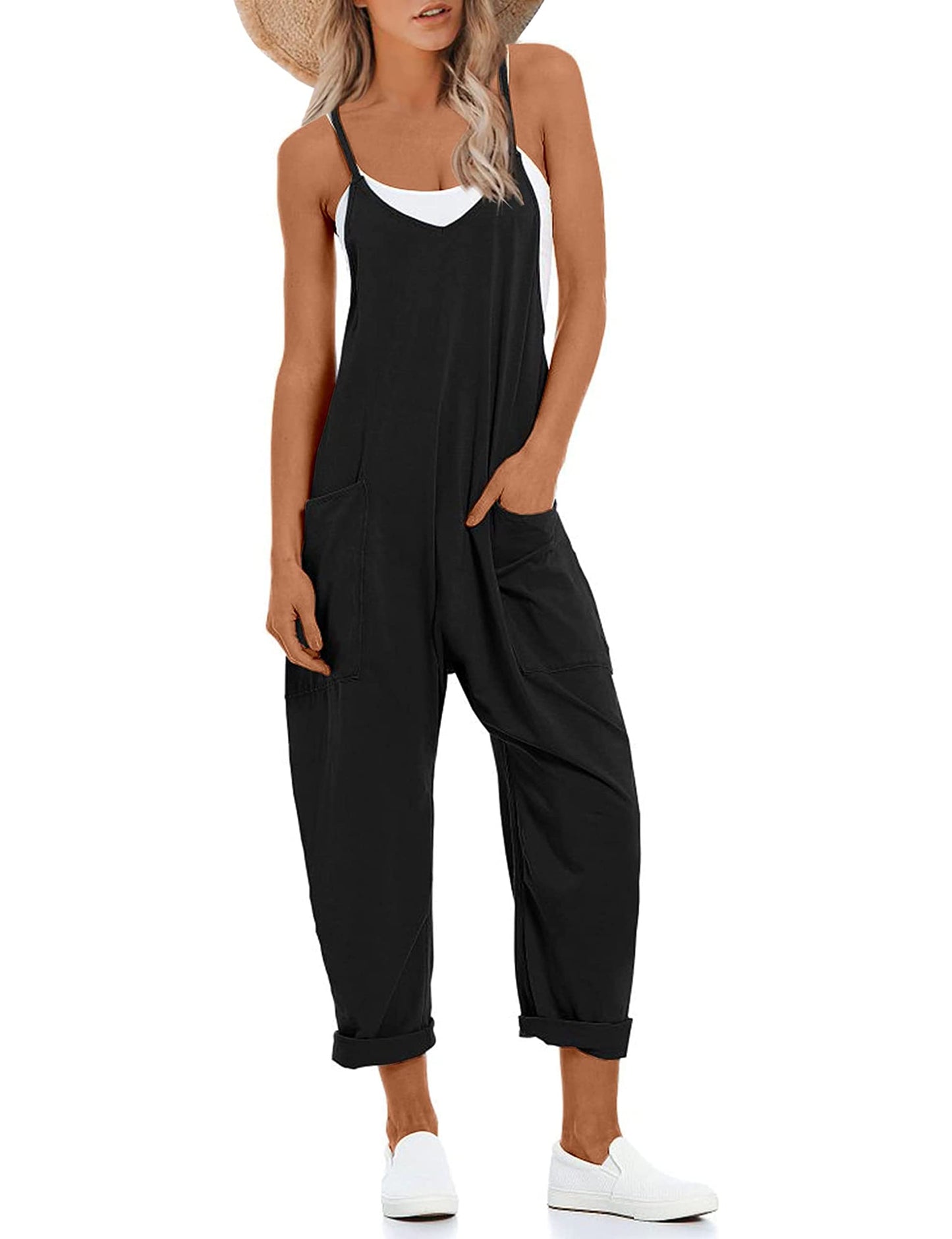 Lentta Women's Causal Jumpsuits V Neck Sleeveless Harem Overalls Stretchy Adjustable Strap Romper with Pockets(Black-S)