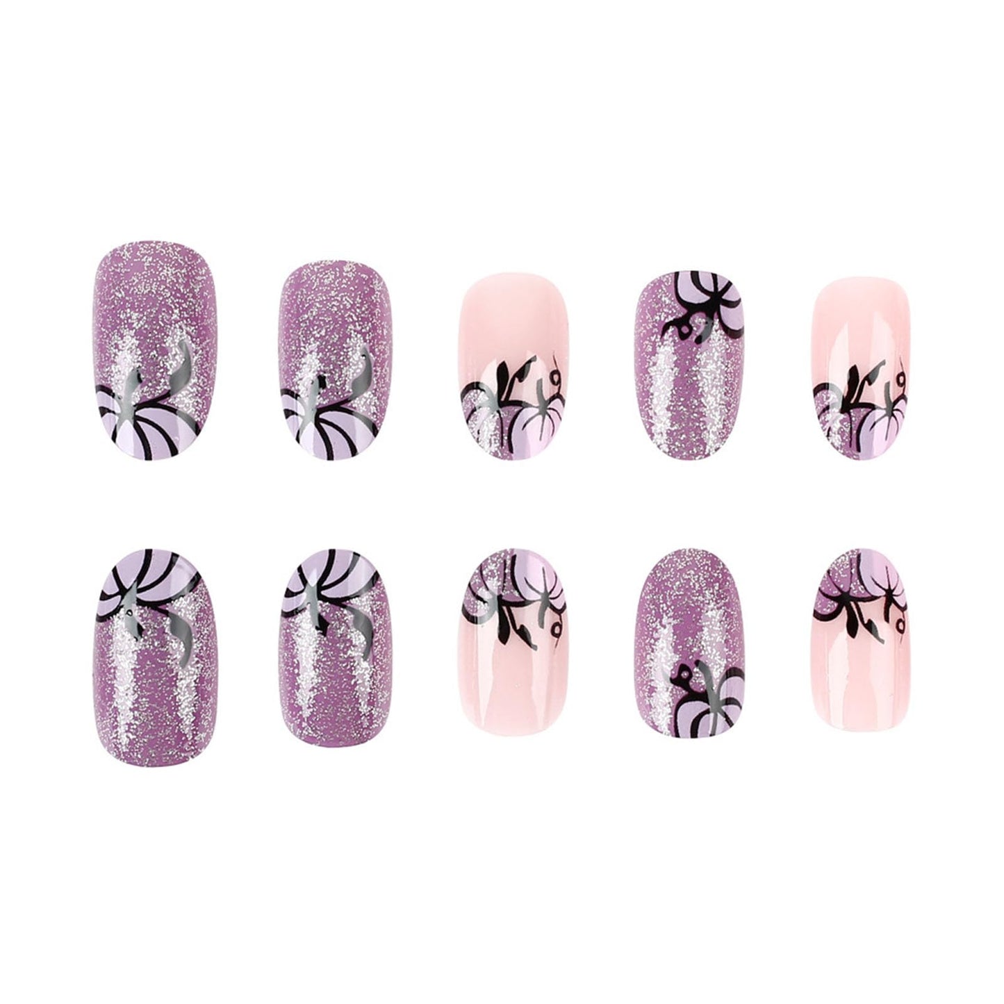 Halloween Press on Nails Short Oval Purple Glitter Fake Nails with Pumpkin Designs French Glue on Nails Glitter False Nails Press ons Glossy Acrylic Stick on Nails for Women Girls 24 Pcs