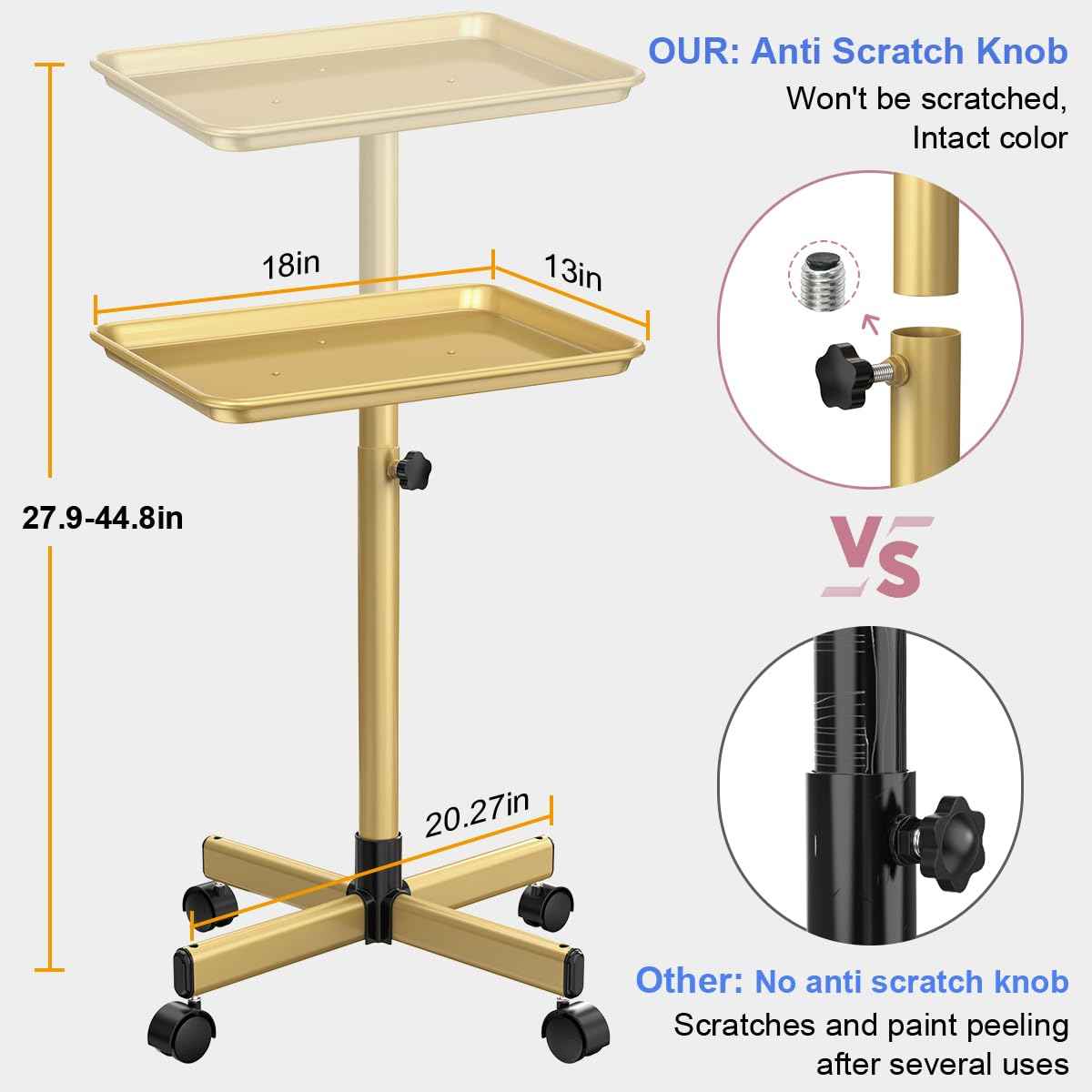 Salon Tray Cart, Salon Rolling Tray Adjustable Height, Tattoo Tray, SPA Rolling Trolley Tray for Beauty Hairstylist Dental Clinic,Champagne Gold