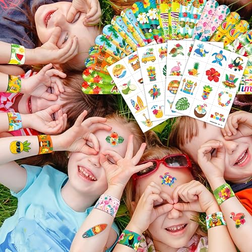 Hawaiian Party Favors Set - 72 Pieces Temporary Tattoos & Slap Bracelets