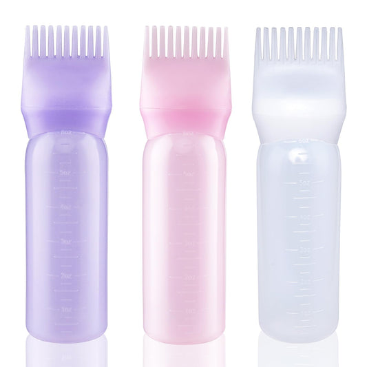 Cosywell Root Comb Applicator Bottle 6 Ounce Hair Dye Applicator Brush 3 Pack for Hair Root Comb Color with Graduated Scale(Pink White Purple)