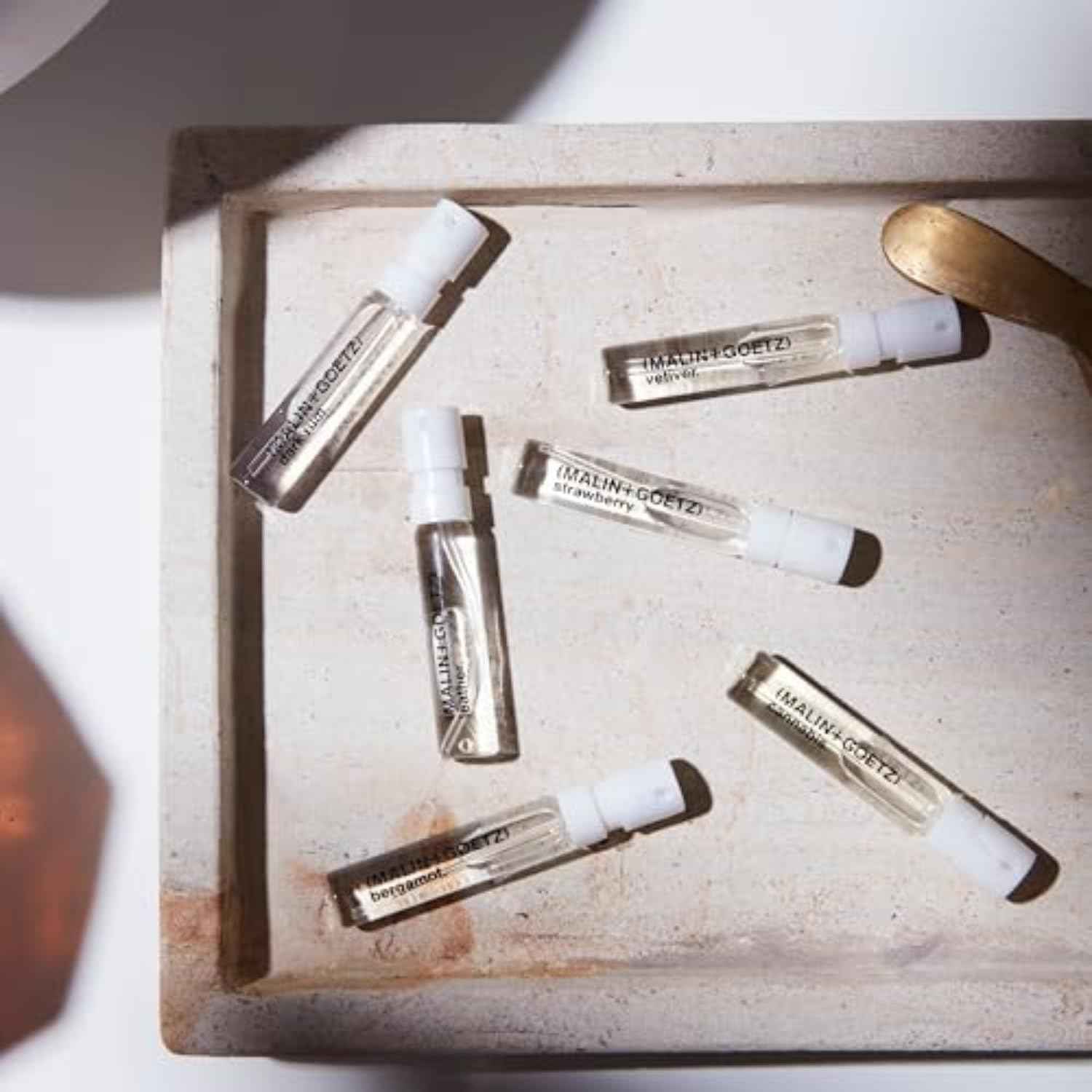 Malin + Goetz Fragrance Discovery Kit, 2 ml Each - Bergamot, Cannabis, Dark Rum, Leather, Strawberry & Vetiver Eau De Parfum - Travel Size Perfume Set, Fragrance Oil Gift Set, Vegan & Cruelty-Free